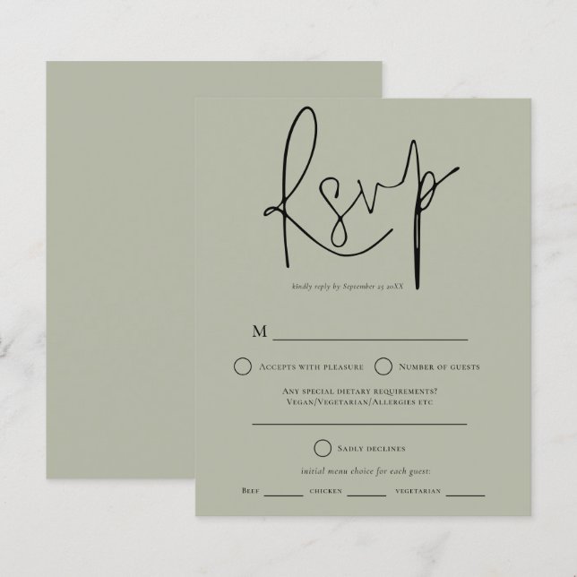 Budget Script Sage Green Wedding RSVP (Front/Back)