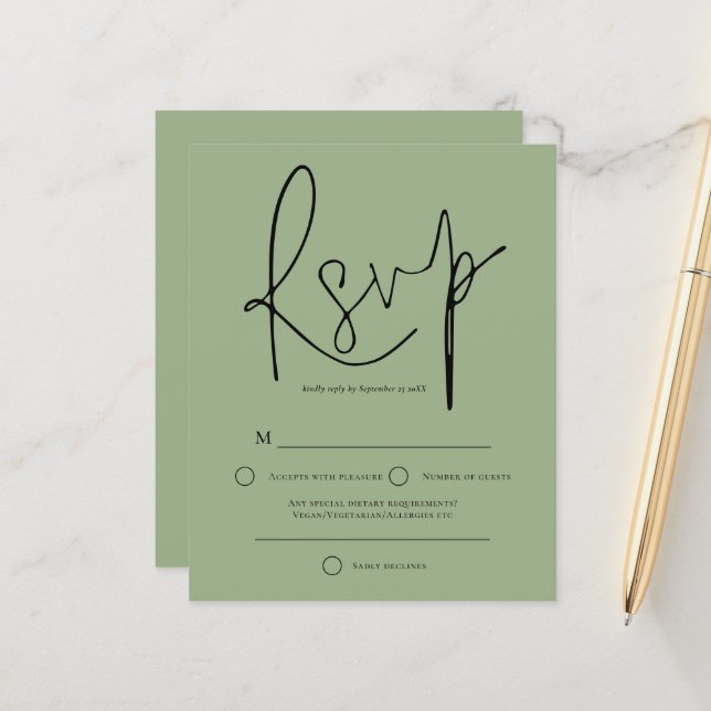Budget Script Sage Green Wedding RSVP (Front/Back In Situ)