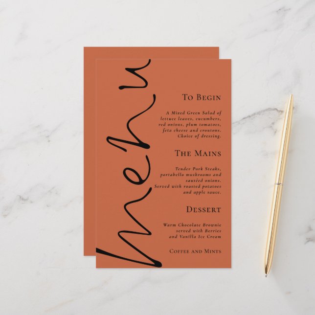 Budget Script Simple Terracotta Wedding Menu (Front/Back In Situ)