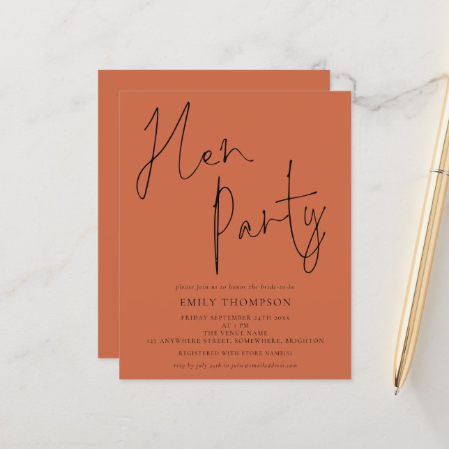 Budget Script Terracotta Hen Party Invitation (Front/Back In Situ)