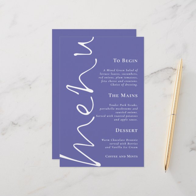 Budget Script Very Peri Blue Wedding Menu (Front/Back In Situ)