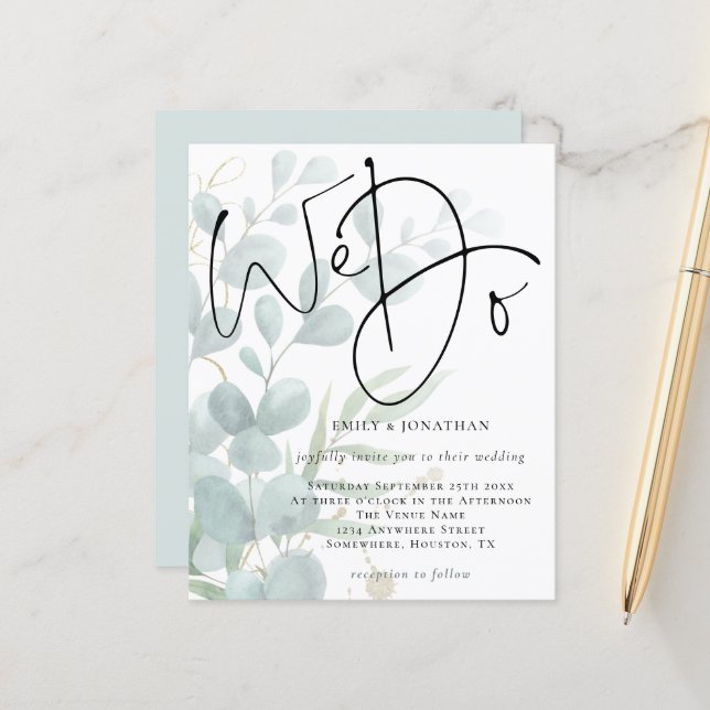 Budget Script We Do Eucalyptus Wedding Invitation (Front/Back In Situ)