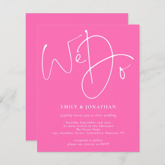 Budget Script We Do Hot Pink Wedding Invitation (Front/Back)