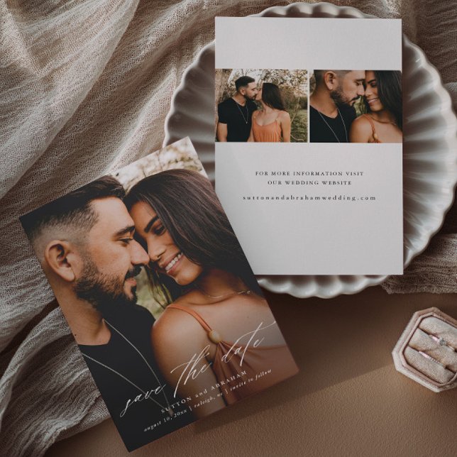 Budget Script Wedding Photo Save The Date Flyer (Elegant script simple 3 photo overlay wedding save the date announcement cards.)
