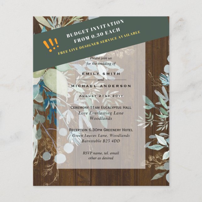 BUDGET Sea Glass Green Eucalyptus Leaves Wedding Flyer (Front)