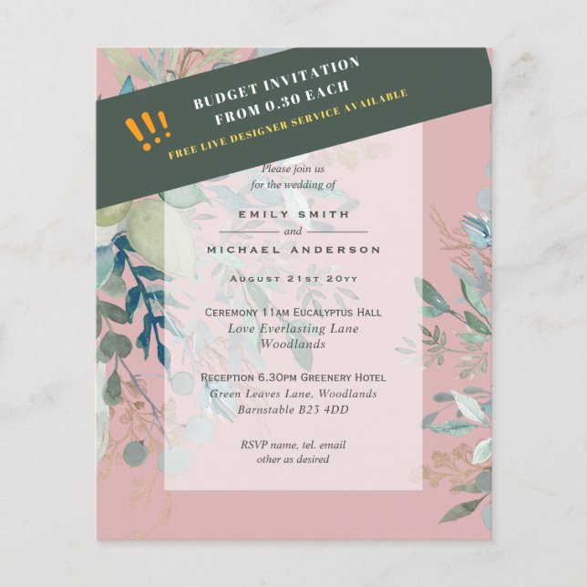 BUDGET Sea Glass Green Eucalyptus Leaves Wedding Flyer (Front)