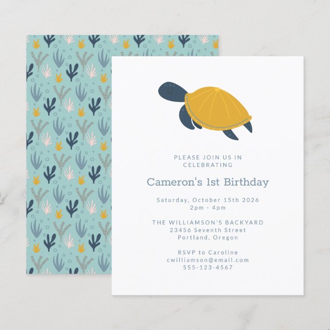 Budget Sea Turtle Simple 1st Birthday Invitation (Front/Back)