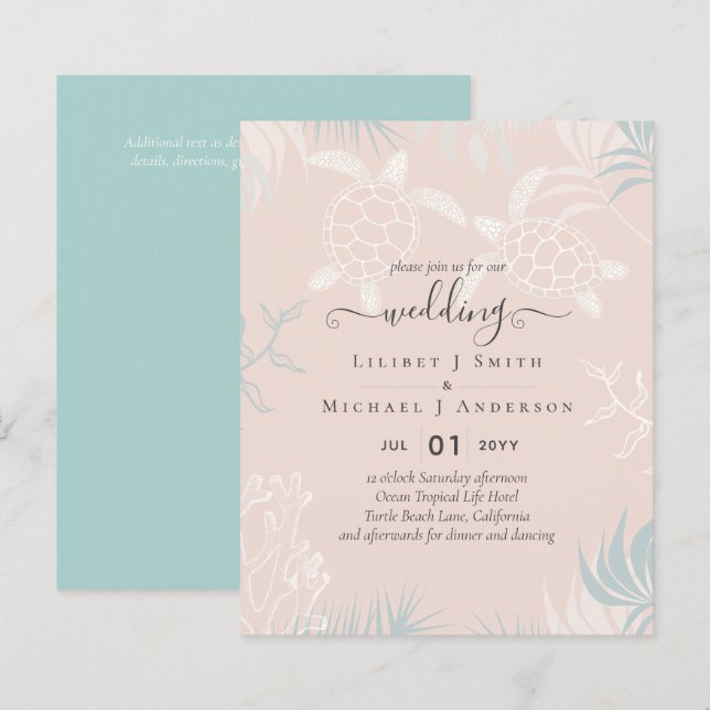 BUDGET  Sea Turtles BEACH Wedding Coral Teal (Front/Back)