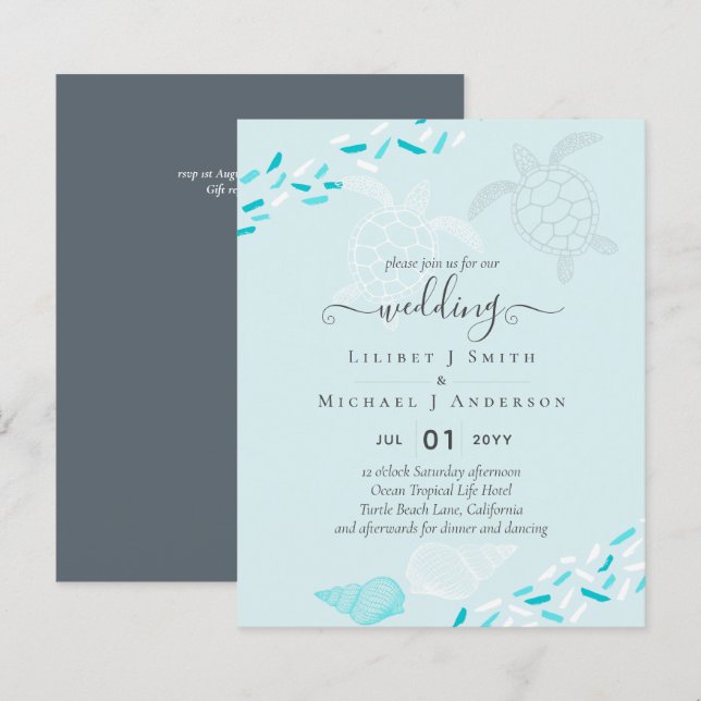 BUDGET  Sea Turtles BEACH Wedding Coral Teal (Front/Back)