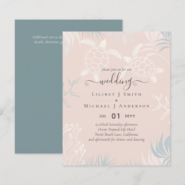 BUDGET  Sea Turtles BEACH Wedding Coral Teal (Front/Back)