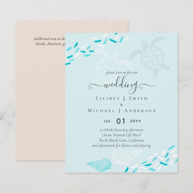 BUDGET  Sea Turtles BEACH Wedding Coral Teal (Front/Back)