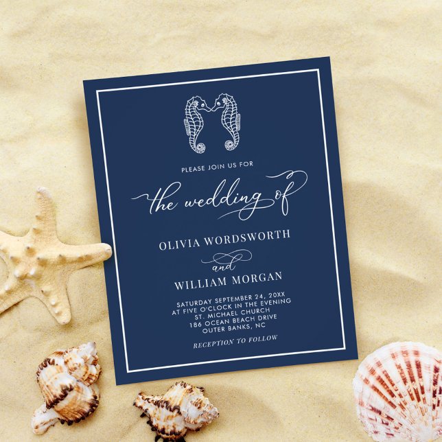 Budget Seahorse Navy Blue Beach Wedding Invitation Flyer (Creator Uploaded)