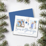 Budget Seas and Greetings Coastal Wood Christmas<br><div class="desc">Budget Seas and Greetings Seashell Ornament on Coastal Wood Holiday Photo Christmas Cards featuring ocean navy blue and sandy tan shell ornaments hanging from sailing jute rope on coastal shiplap wood with elegant typography. Add two of your photos and a personal message for a fun nautical holiday card. **Our BUDGET...</div>