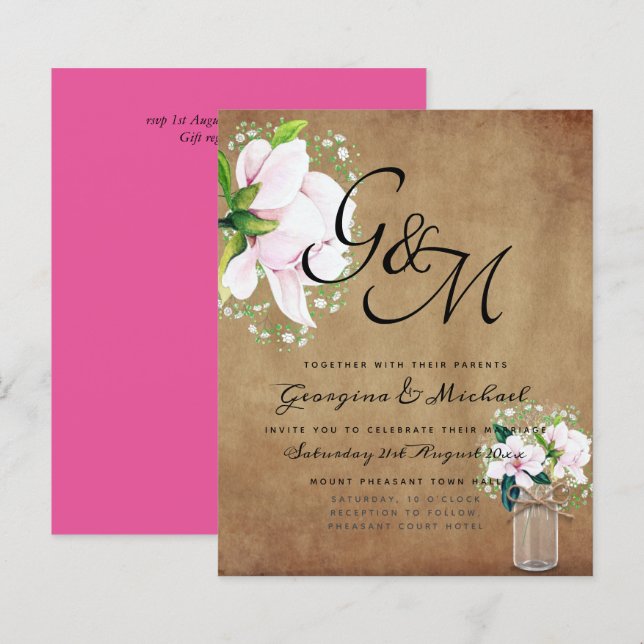 BUDGET Shabby Pink Magnolia Chic Wedding Invite (Front/Back)