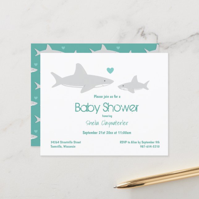Budget Shark Green White Baby Shower Invitation (Front/Back In Situ)