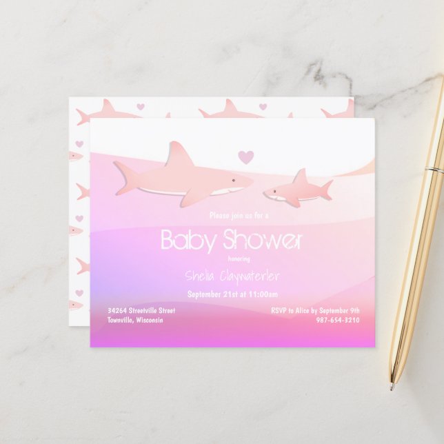 Budget Shark Pink Ocean Baby Shower Invitation (Front/Back In Situ)