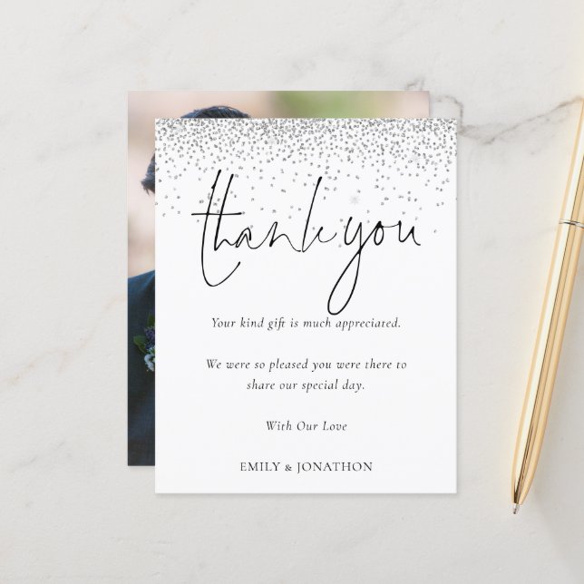 Budget Sillver Glitter Photo Wedding Thank You (Front/Back In Situ)