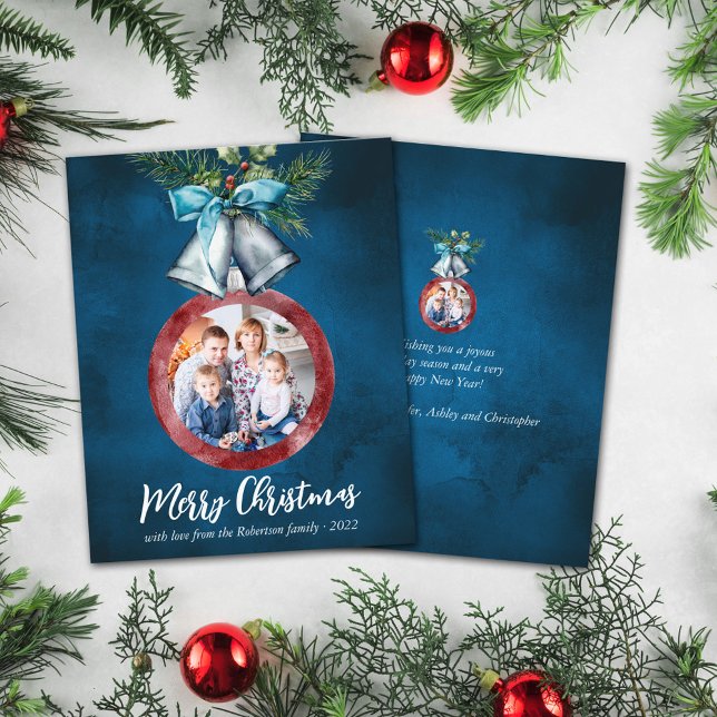 Budget Silver Bells Navy Blue Christmas Photo Card (Creator Uploaded)