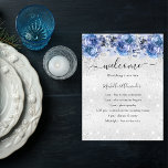 Budget silver blue florals wedding program<br><div class="desc">A modern,  elegant wedding program,  timeline.  Faux silver looking background decorated with faux sparkles and blue flowers. Personalize and add your names and wedding details. Black coloured letters.  If you have more text it's possible to reduce the line space.  You can also add text on the back.</div>