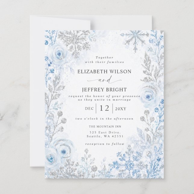 Budget Silver Blue Snowflake Floral Winter Wedding (Front)