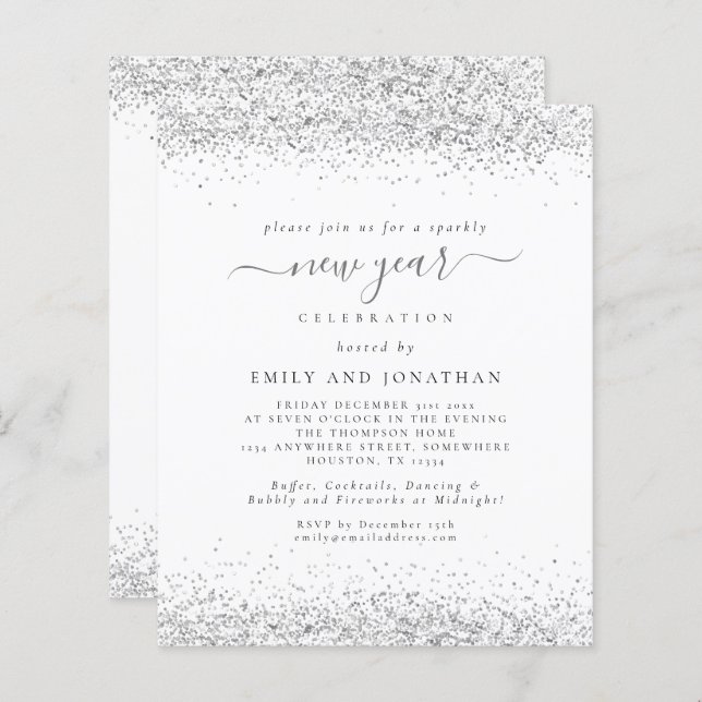 Budget Silver Gilitter White New years Party Invit (Front/Back)