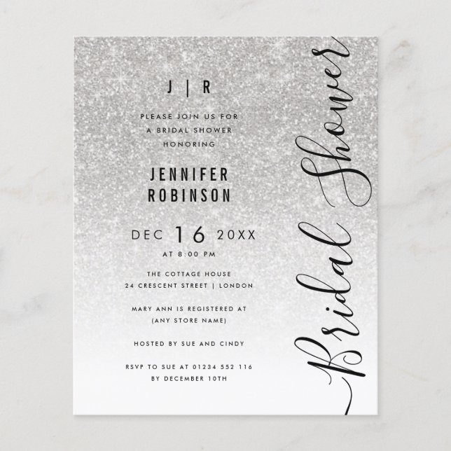 Budget Silver Glam Glitter Bridal Shower  Flyer (Front)