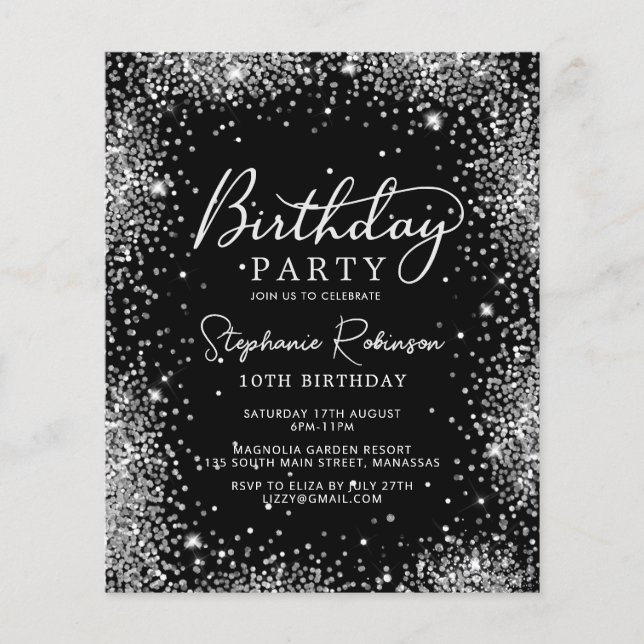 Budget Silver Glitter 10th Birthday Invitation (Front)
