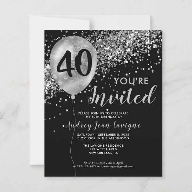 Budget Silver Glitter Balloon Black 40th Birthday (Front)