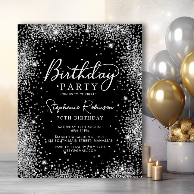 Budget Silver Glitter Black 70th Birthday Invite (Creator Uploaded)
