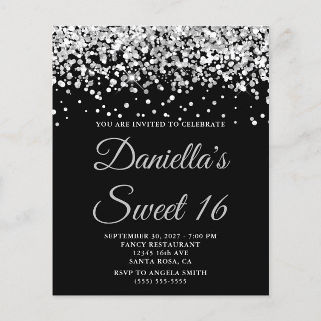 Budget Silver Glitter Black Sweet 16 Invitation (Front)