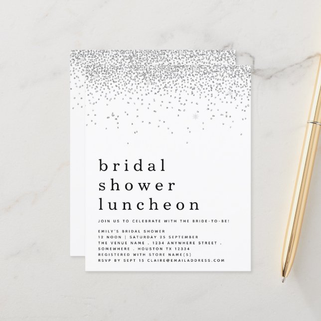 Budget Silver Glitter Bridal Shower Lunch Invite (Front/Back In Situ)