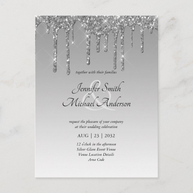 Budget SILVER Glitter Dripping WEDDING INVITE Postcard (Front)