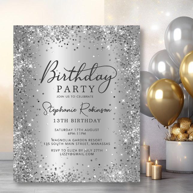 Budget Silver Glitter Foil 13th Birthday Invite (Creator Uploaded)