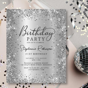 Budget Silver Glitter Metal 21st Birthday Invite