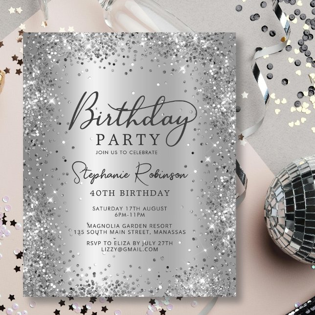 Budget Silver Glitter Metal 40th Birthday Invite (Creator Uploaded)