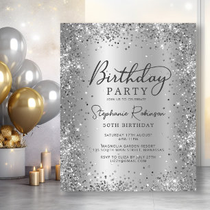 Budget Silver Glitter Metal 50th Birthday Invite