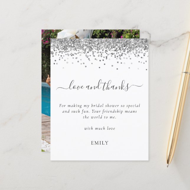 Budget Silver Glitter Photo Bridal Shower Thanks (Front/Back In Situ)