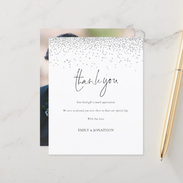 Budget Silver Glitter Photo Wedding Thank You (Front/Back In Situ)