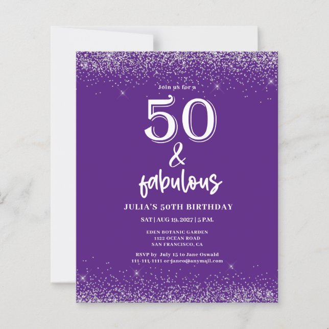 Budget Silver Glitter Purple 50th Birthday Party  (Front)