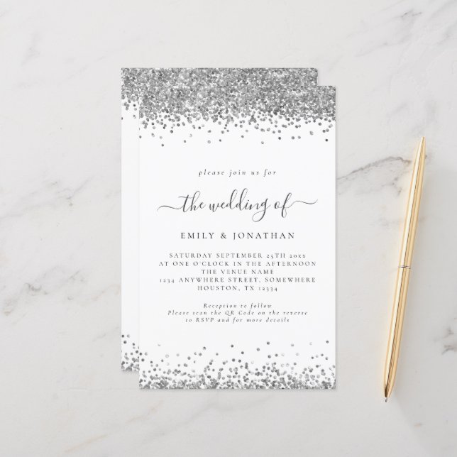 Budget Silver Glitter QR Code Wedding Invite (Front/Back In Situ)