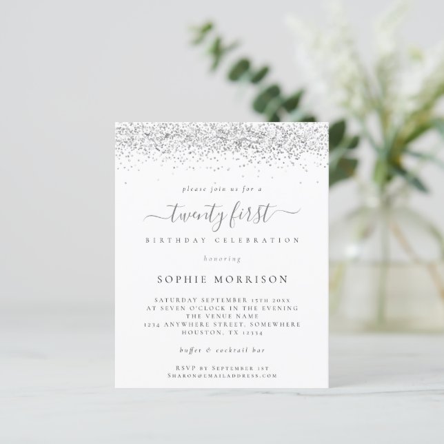 Budget Silver Glitter Twenty First Party Invite (Standing Front)
