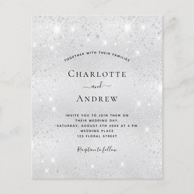 Budget silver glitter wedding invitation RSVP (Front)