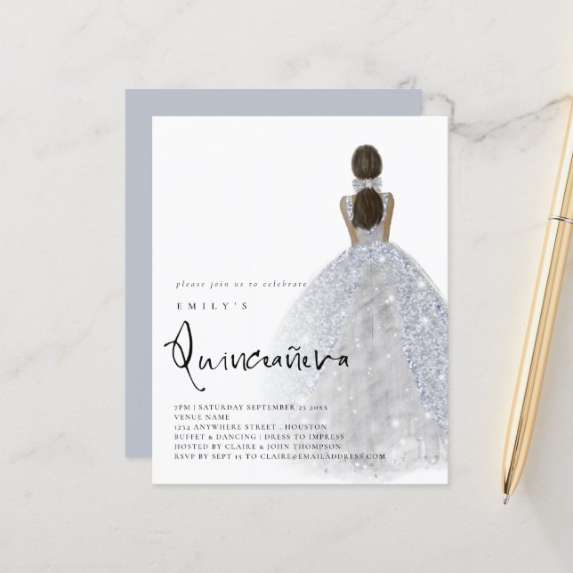 Budget Silver Gown Dark Hair QR Quinceañera (Front/Back In Situ)