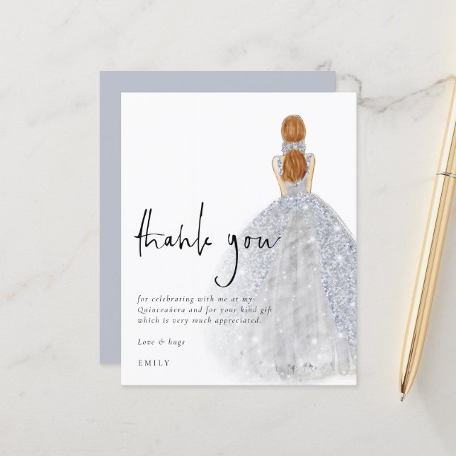 Budget Silver Gown Red Hair Quinceañera Thank You (Front/Back In Situ)