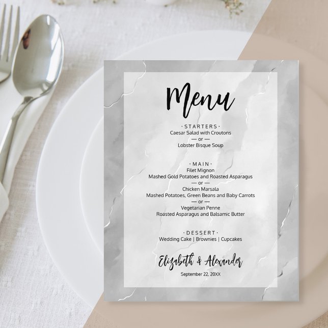 Budget Silver Gray Marble Wedding Menu (Creator Uploaded)
