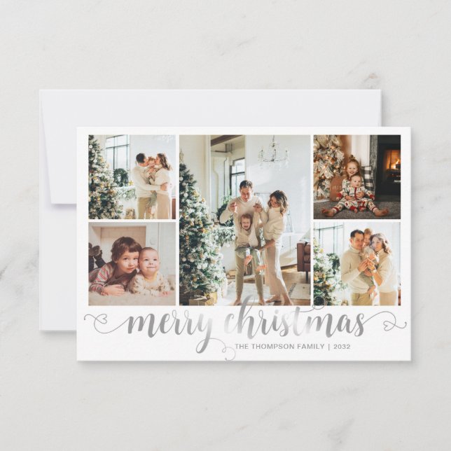 BUDGET Silver Merry Christmas Heart Script 5 Photo Card (Front)