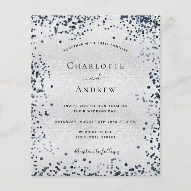 Budget silver navy blue wedding invitation (Front)