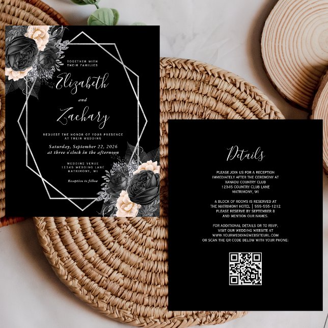Budget Silver Peach Black Floral QR Code Wedding (Creator Uploaded)