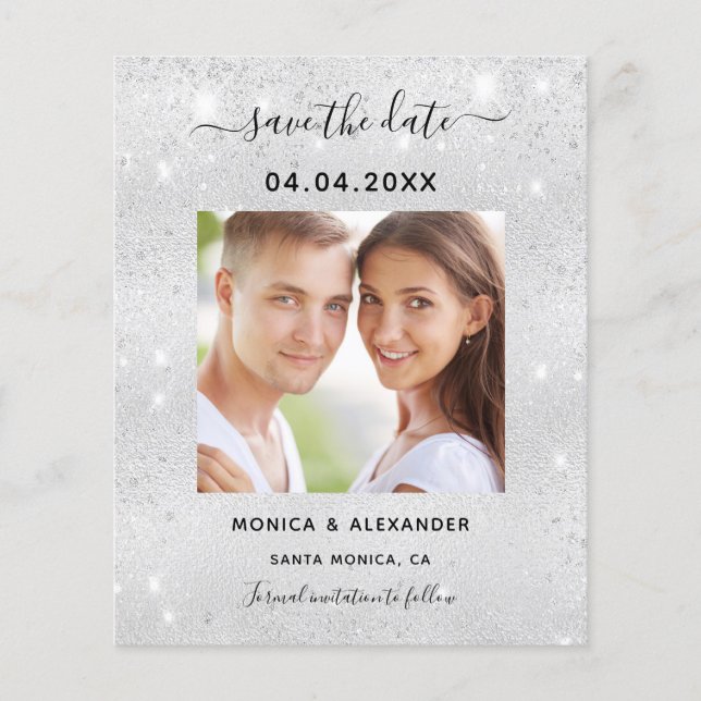 Budget silver photo qr code wedding Save the Date (Front)