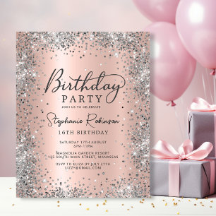 Budget Silver Rose Gold 16th Birthday Invitation